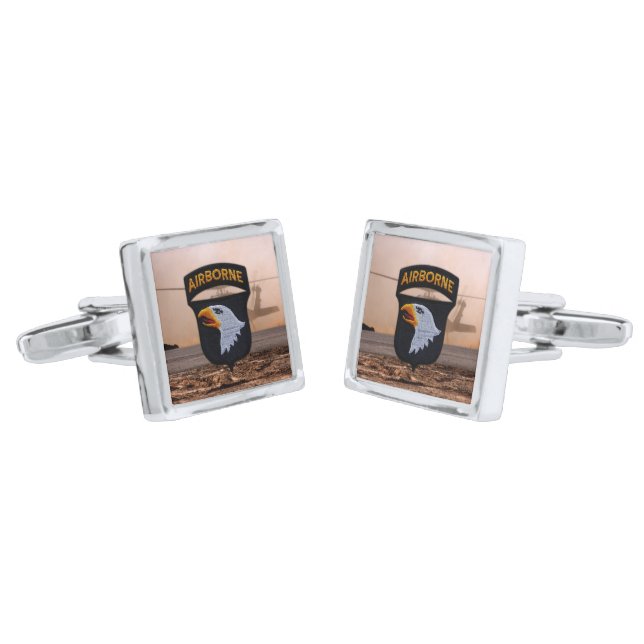 101st airborne fort campbell veterans patch silver cufflinks (Angled)