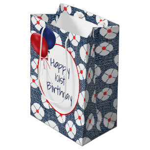 101st Birthday Balloons on Floral Denim  Medium Gift Bag