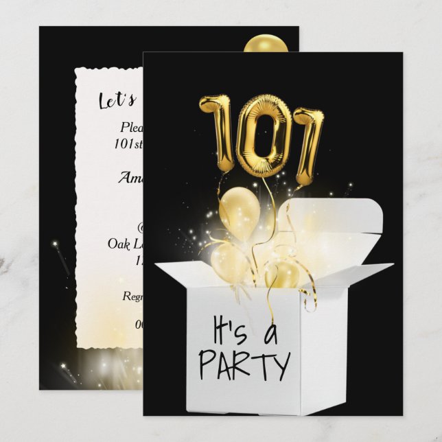 101st Birthday Gold Balloons In White Box   Invitation (Front/Back)