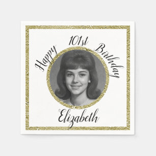 101st Birthday Napkins Custom Photo White Gold