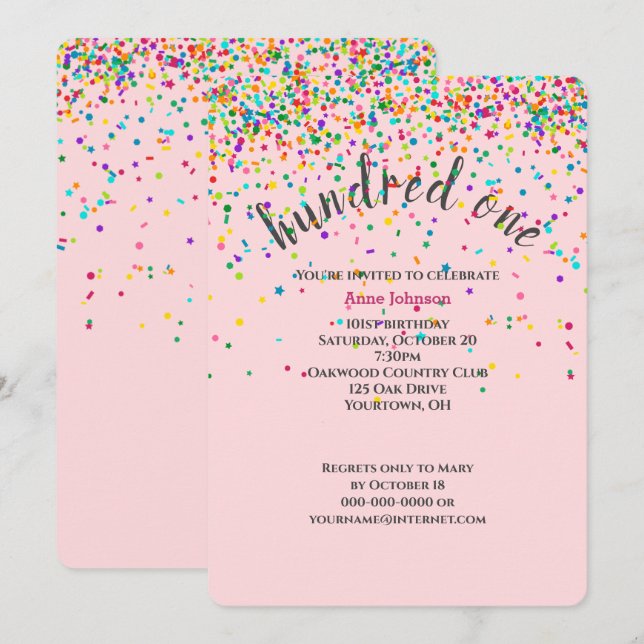 101st Birthday Party confetti Invitation (Front/Back)