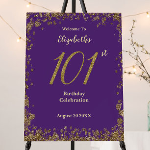 101st Birthday Party Purple Gold Welcome Sign