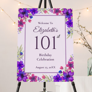 101st Birthday Purple Floral Welcome Sign