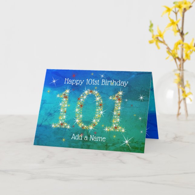 101st Birthday - Star Numbers - Blue/Green Age 101 Card (Yellow Flower)