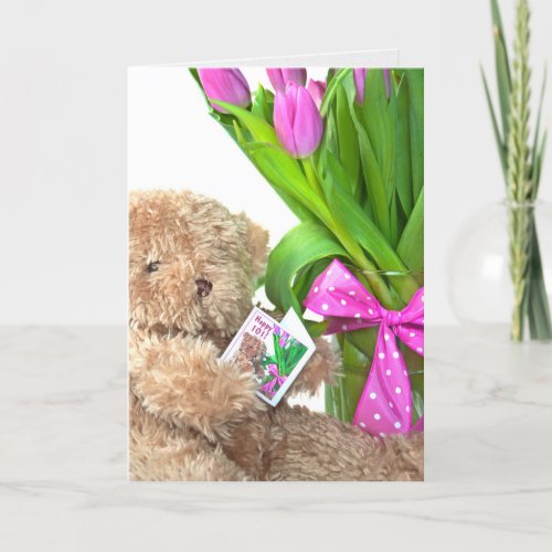 101st Birthday teddy bear with tulip bouquet Card