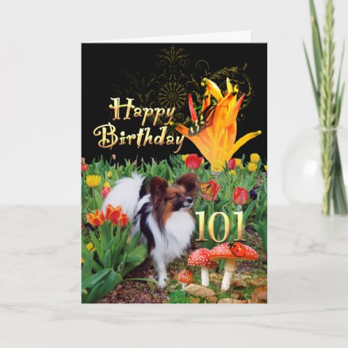 101th Birthday papillon dog in tulip garden Card