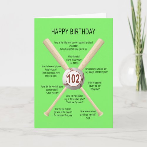 102nd birthday baseball jokes card