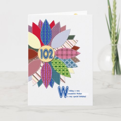 102nd birthday for mother stitched flower card