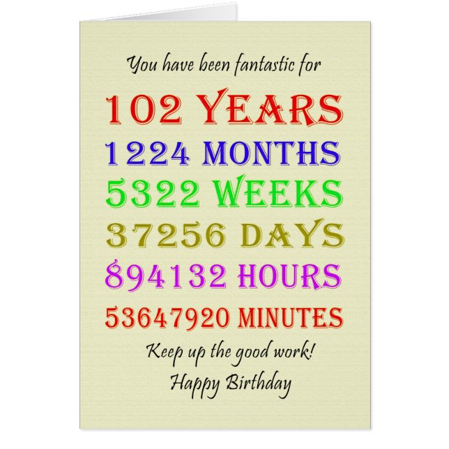 102nd Birthday Milestones Cards (Front)