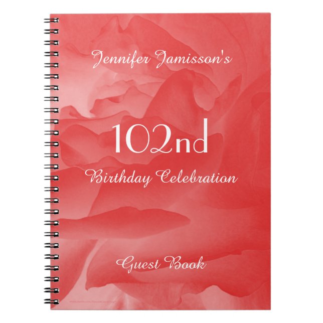 102nd Birthday Party Guest Book, Coral Pink Rose Notebook (Front)