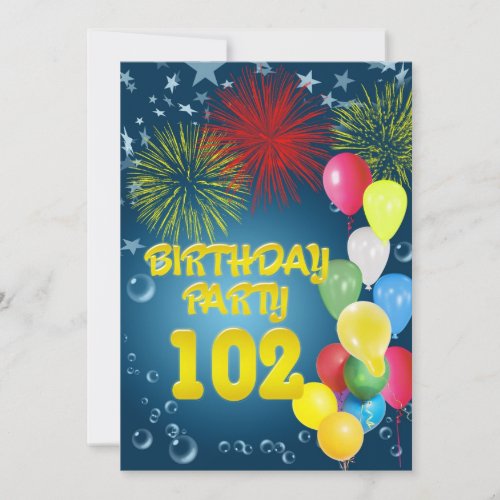102nd Birthday party Invitation with balloons