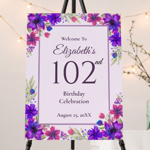 102nd Birthday Purple Floral Welcome Sign