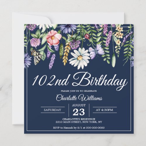 102nd Birthday Wildflowers Navy Elegant 102 Years Invitation