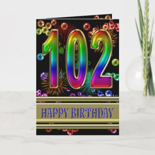 102nd Birthday with rainbow bubbles and fireworks Card