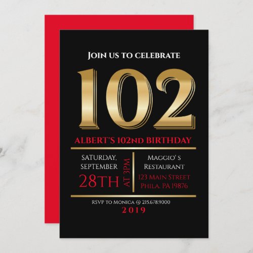 102th Birthday Gold Black Party Invitation