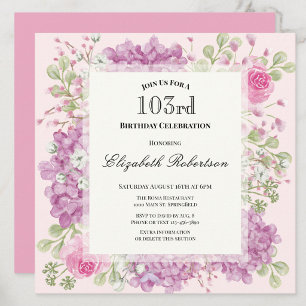 103rd Birthday Invitation Elegant Pink Flowers
