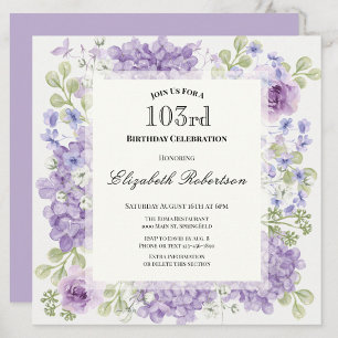 103rd Birthday Invitation Elegant Purple Flowers