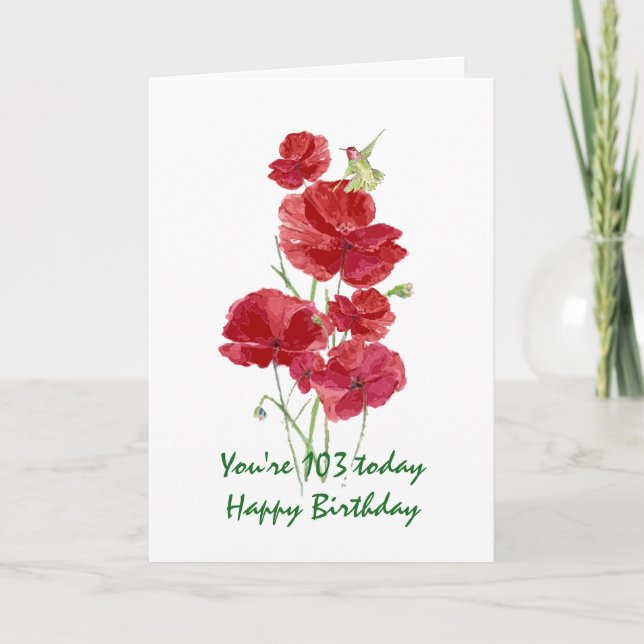 103rd Birthday Watercolor Red Poppy Hummingbird Card (Front)