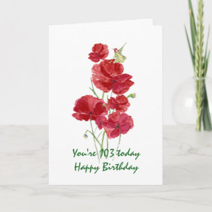103rd Birthday Watercolor Red Poppy Hummingbird Card