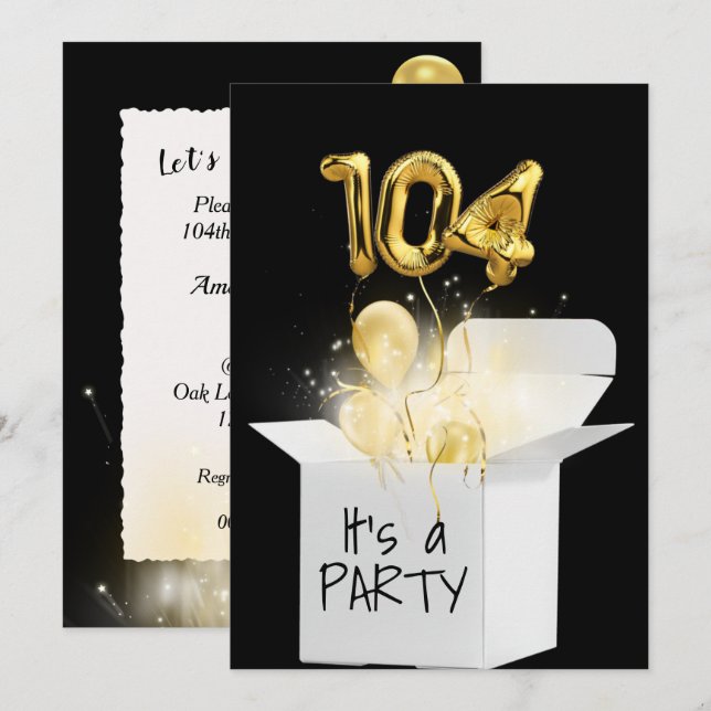 104th Birthday Gold Balloons In White Box  Invitation (Front/Back)