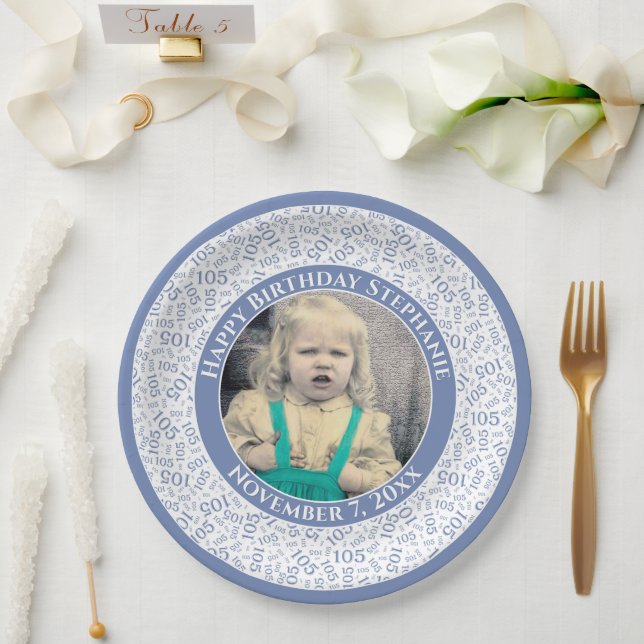 105 Your Photo Random Number Pattern Blue/White Paper Plates (Wedding)