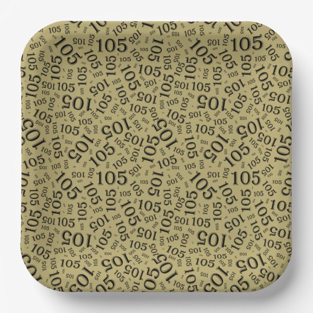 105th Birthday Black/Gold Random Pattern Paper Plates (Front)