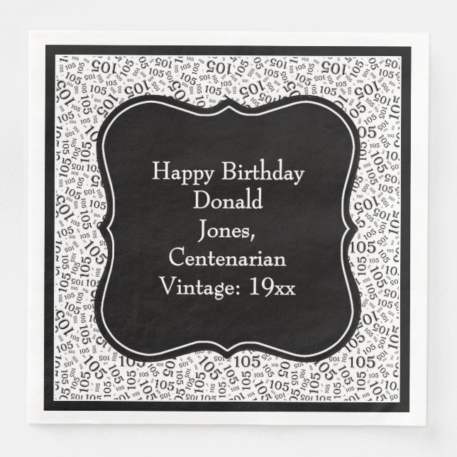 105th Birthday Black/White Bracket Number Pattern  Paper Dinner Napkins (Front)