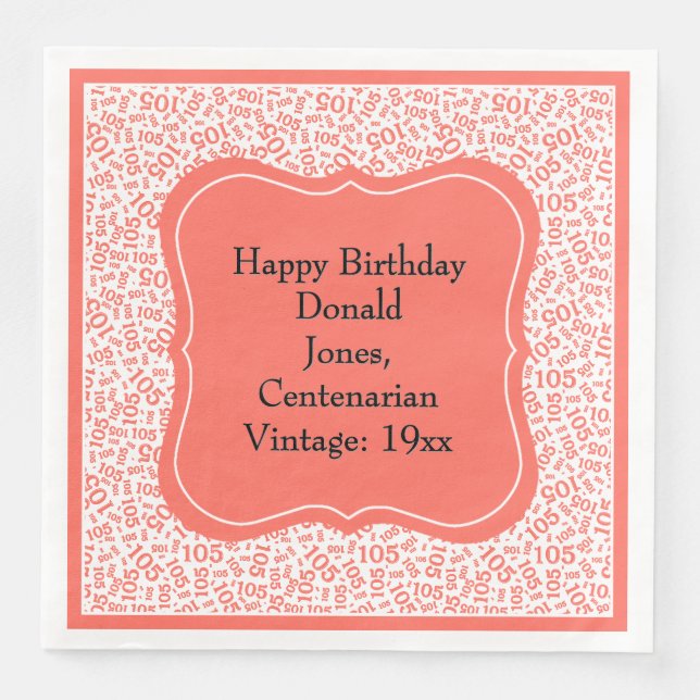 105th Birthday Coral/White Bracket Number Pattern  Paper Dinner Napkins (Front)