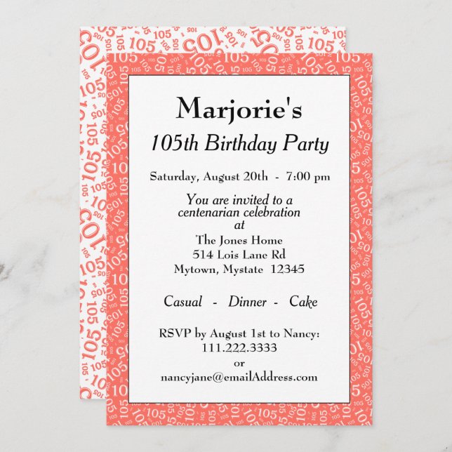 105th Birthday Coral/White Random Number Pattern Invitation (Front/Back)