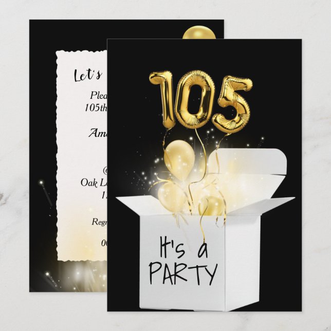 105th Birthday Gold Balloons In White Box   Invitation (Front/Back)
