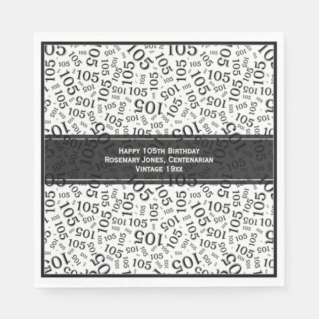 105th Birthday Modern Number Pattern Black/White Napkins (Front)