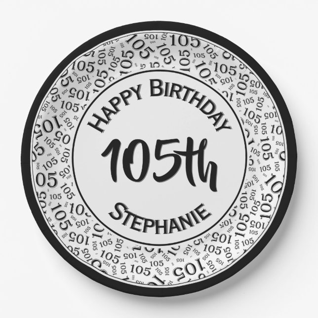 105th Birthday Modern Number Pattern Black/White Paper Plates (Front)