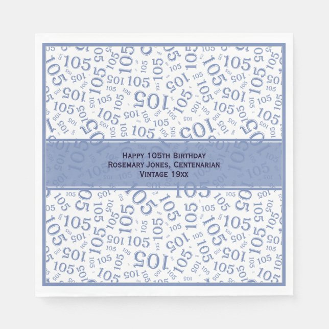 105th Birthday Modern Number Pattern Blue/White Napkins (Front)