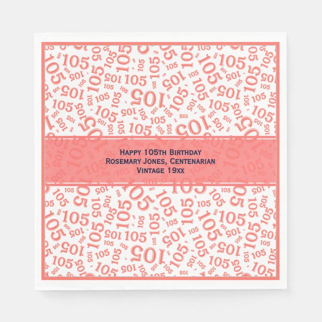 105th Birthday Modern Number Pattern Cral/White Napkins (Front)