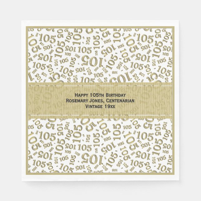 105th Birthday Modern Number Pattern Gold/White Napkins (Front)