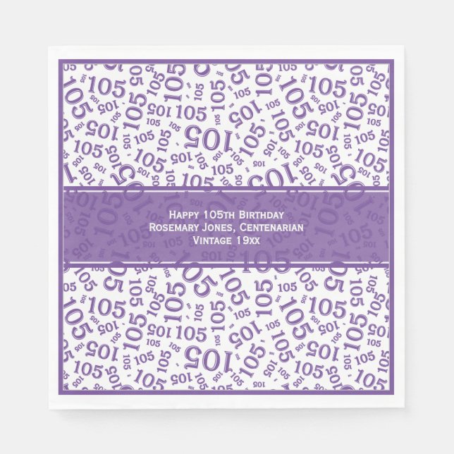 105th Birthday Modern Number Pattern Purple/White Napkins (Front)