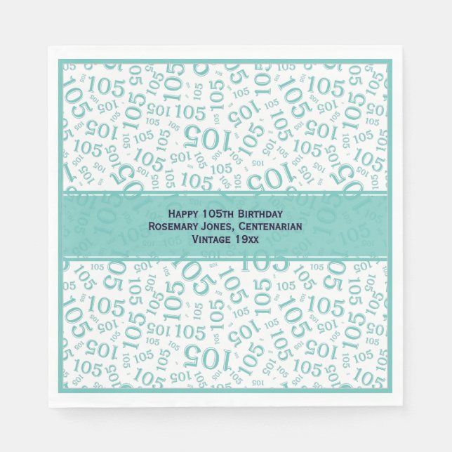 105th Birthday Modern Number Pattern Teal/White Napkins (Front)