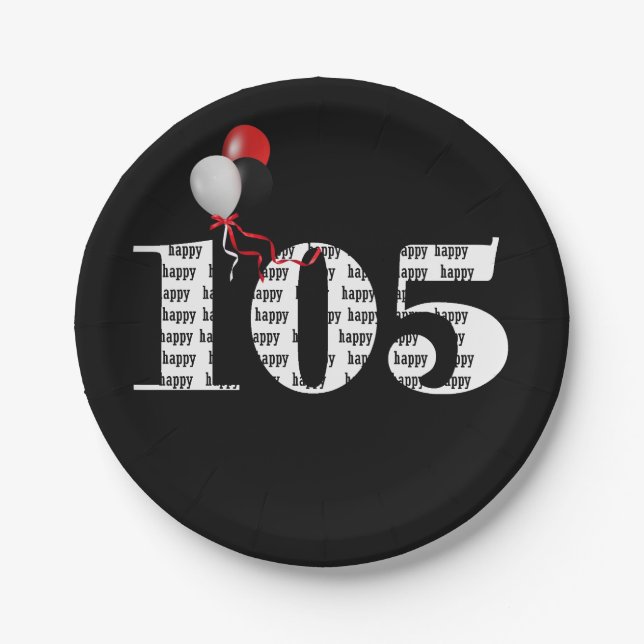 105th birthday party balloons paper plates (Front)
