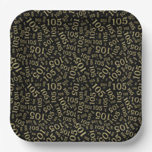 105th Birthday Party Black/Gold Random Pattern Paper Plates
