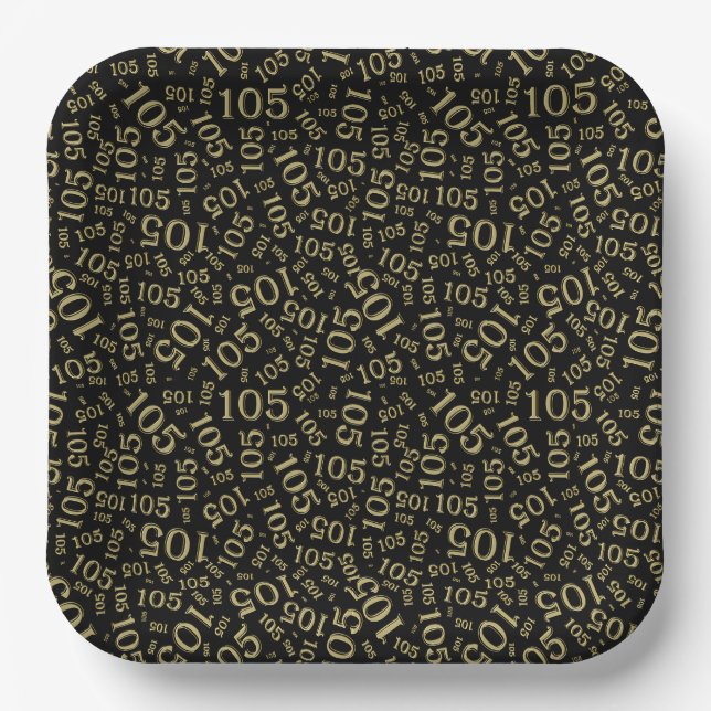 105th Birthday Party Black/Gold Random Pattern Paper Plates (Front)