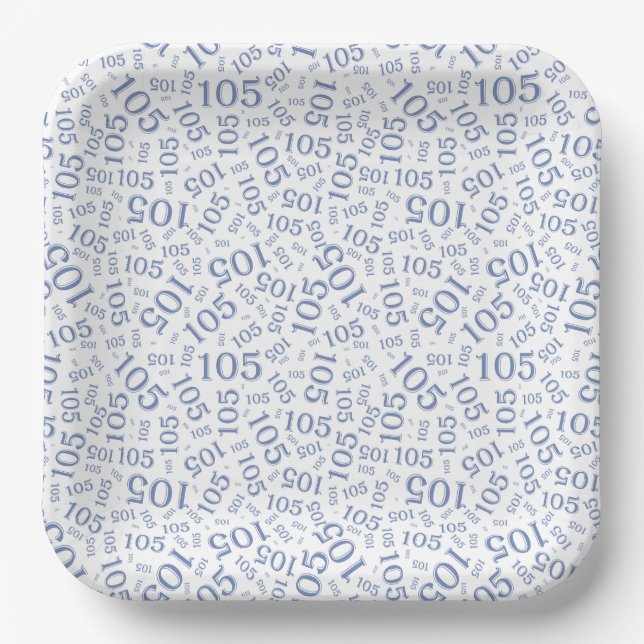 105th Birthday Party Blue/White Random Pattern Paper Plates (Front)