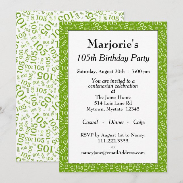 105th Birthday Party Green/White Number Pattern Invitation (Front/Back)