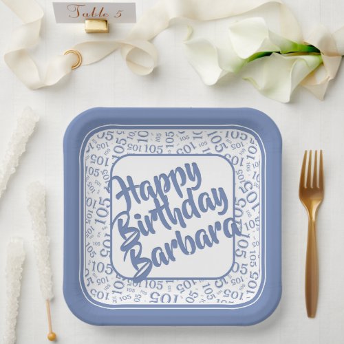 105th Birthday Party Number Pattern Blue White Paper Plates