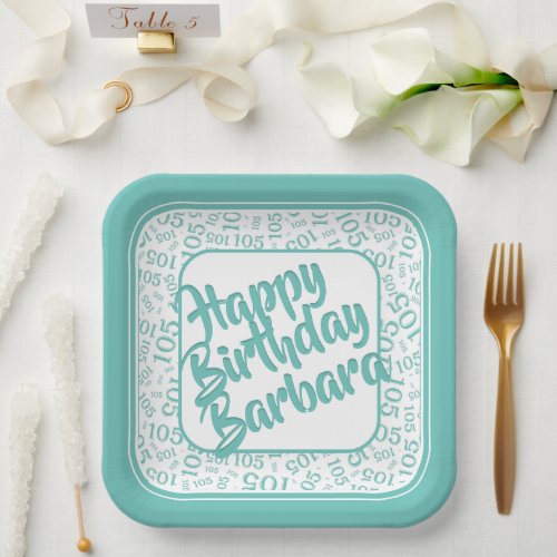 105th Birthday Party Number Pattern Teal White Paper Plates