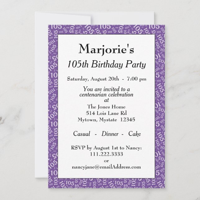 105th Birthday Party Purple/White Number Pattern Invitation (Front)