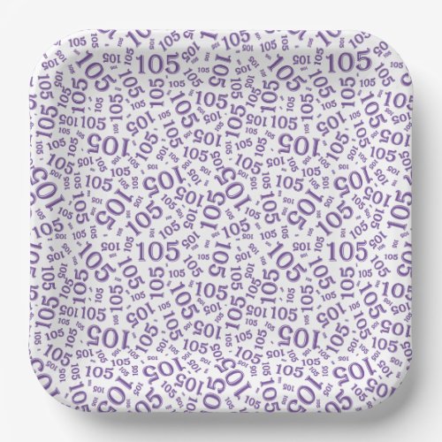 105th Birthday Party PurpleWhite Random Pattern Paper Plates