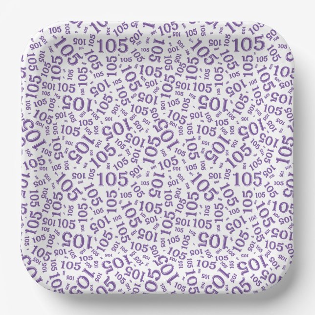 105th Birthday Party Purple/White Random Pattern Paper Plates (Front)