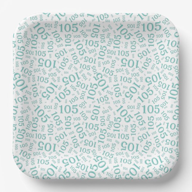 105th Birthday Party Teal/White Random Pattern Paper Plates (Front)