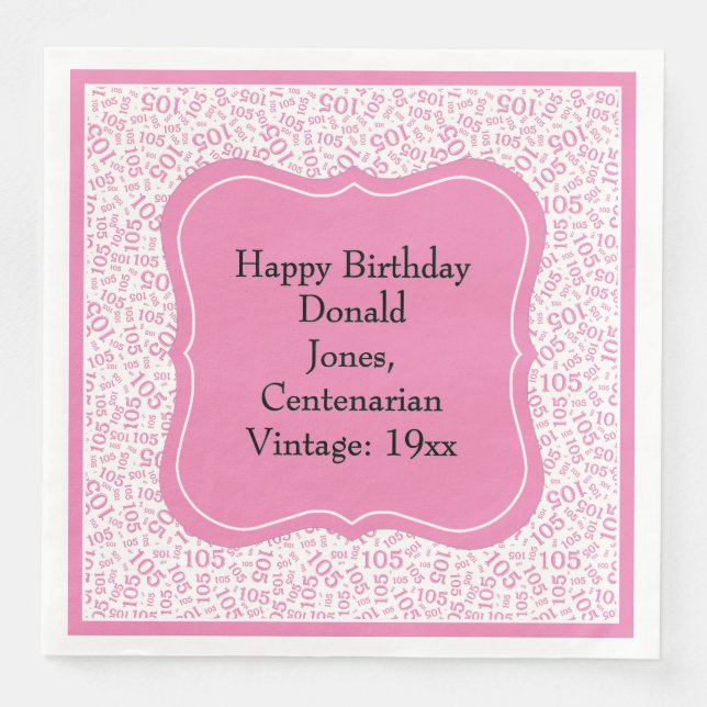 105th Birthday Pnk/White Bracket Number Pattern  Paper Dinner Napkins (Front)