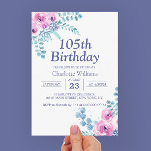 105th Birthday Purple Floral 105 Years Invitation